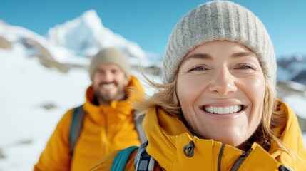 A woman in a yellow jacket and grey beanie beams with a bright smile as she hikes in the snowy mountains, representing joy, determination, and love for the outdoors.
