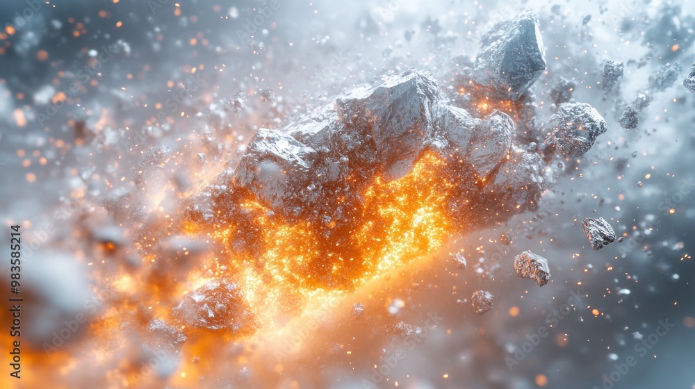 Poster explosive rocks emitting fiery sparks in a dynamic environment.