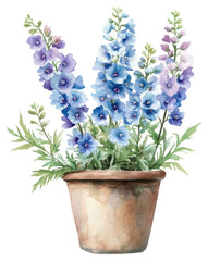 PNG  Delphiniums in an antique brown pot illustration watercolor flowers.