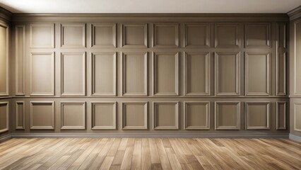 Empty room mock up with taupe classic wooden wainscoted wall and flooring