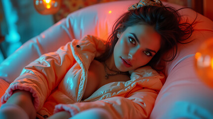 Cinematic shot of an exotic woman smiling at the camera. Exotic background.