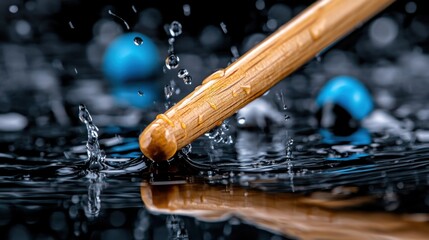 A close-up view of a drumstick splashing water, highlighted by blue lighting and reflecting the action and sound of percussion. Ideal for creative and vibrant themes.
