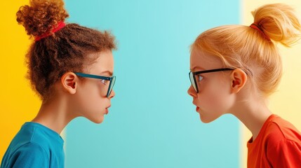 Two children with different backgrounds and playful expressions leaning in toward each other on a vivid and colorful background, representing curiosity and youthful connection.