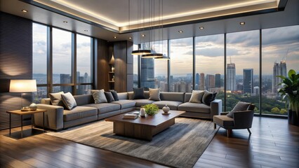 Dark modern style living room interior with panoramic view rendering for stock photo
