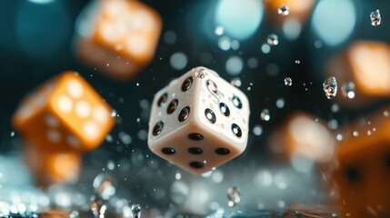 Multiple dice including white and orange captured in mid-air as they splash into water, surrounded by glistening droplets, illustrating the chaotic and fun essence of a dice game.
