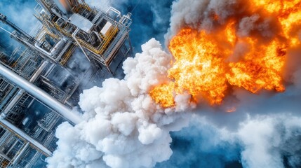 A dramatic image of an industrial plant with an explosion and fire, accompanied by dense smoke rising into the sky, showcasing the intensity and danger of the scene.