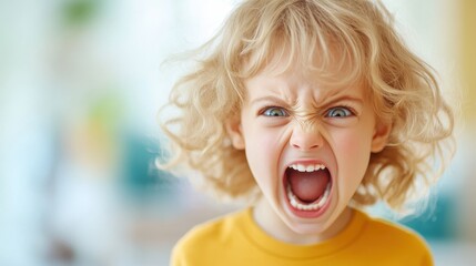 A young child with blonde curly hair, visibly angry, mouth wide open as if screaming, embodying intense emotions and raw expressions of childhood frustration.