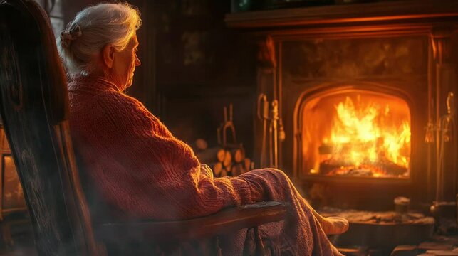 a grandmother who was sitting near the fireplace to warm her body. seamless looping time-lapse virtual 4k video Animation Background.	