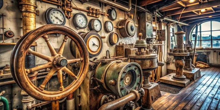 Vintage engine order telegraph in front of eroded steel ship in old engine room setting