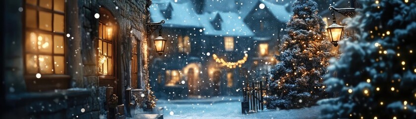 A cozy winter scene featuring a snow-covered village adorned with festive lights, creating a magical holiday atmosphere.