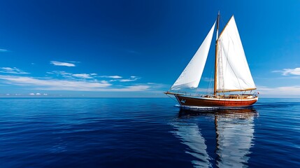 Fototapeta premium A sailboat drifts peacefully on a calm blue sea, with soft clouds floating overhead.