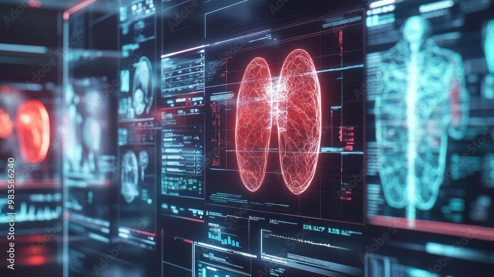 Poster high-tech medical imagery showcasing lung diagnostics with digital screens and data visualizations f