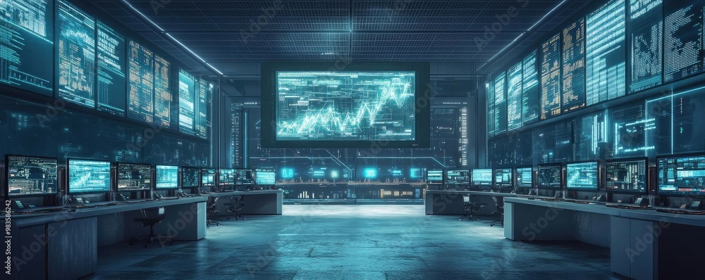 Poster futuristic control room featuring multiple screens, advanced technology, and data analytics displays