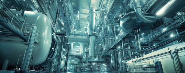 Futuristic industrial interior showcasing advanced machinery and technology in a sophisticated manufacturing environment.