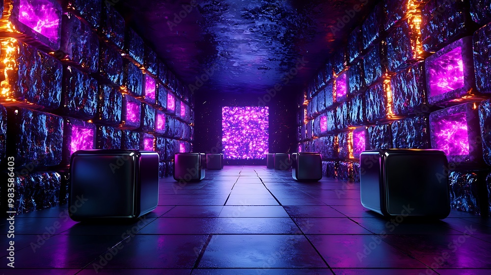 Aufkleber an abstract tunnel glows with neon cubes, creating a mesmerizing geometric display.