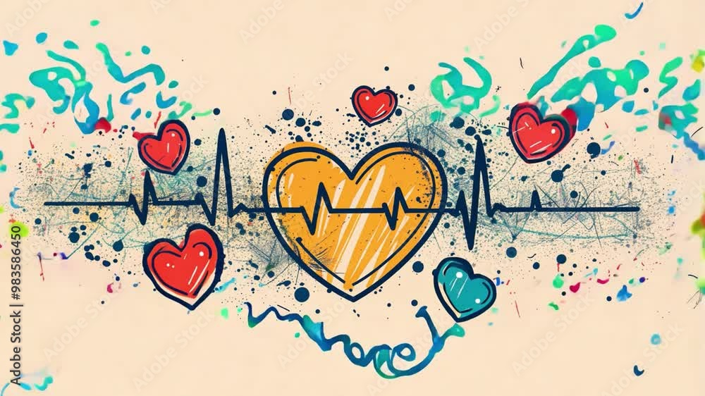 Poster an artistic depiction features a bold heart at the center with a heartbeat line extending across, su