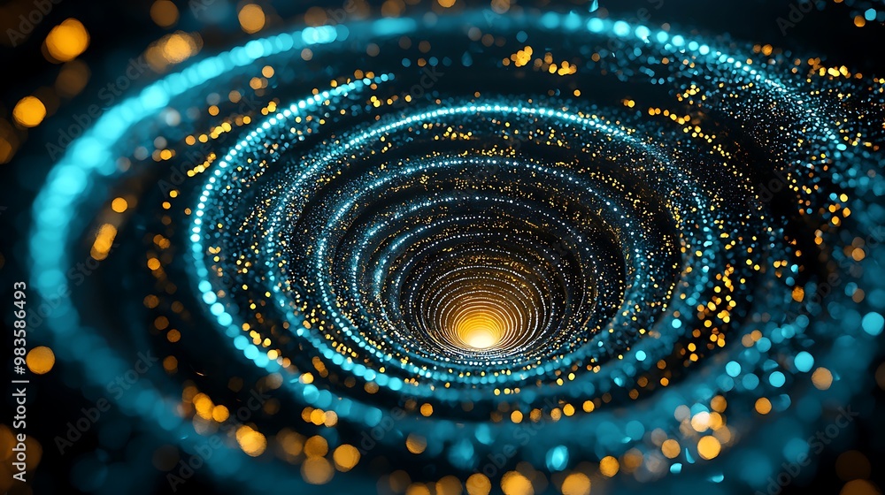 Poster a spiral tunnel of blue and gold bokeh lights twists, creating an abstract, mesmerizing visual.
