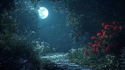 A mystical forest path glows under the full moon, bathed in ethereal silver light.
