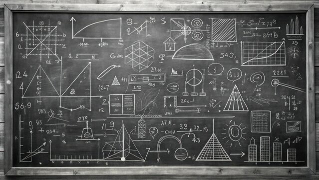 Intricate chalkboard showcasing diverse mathematical concepts in monochrome for scholarly pursuit and intellectual exploration