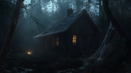 A small wooden cabin with a single lit window stands in a dark and foggy forest, with spiderwebs hanging from the trees.