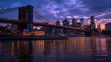 Obraz premium Dusk view of Brooklyn Bridge illuminating the skyline over East River with stunning purple hues in the evening sky