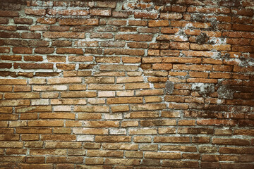Surface of the red brick wall is old, dirty and covered with black mold.