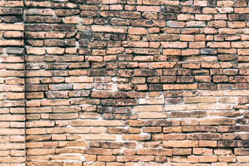Surface of the red brick wall is old, dirty and covered with black mold.