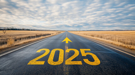  Road to 2025 with Arrow. Long Road with 2025 and Arrow Sign. A straight road with the number 2025 and a forward arrow, symbolizing progress and future goals, perfect for themes of planning and motiva