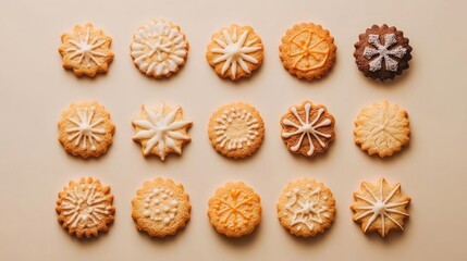 Fototapeta premium An aesthetically pleasing arrangement of delicious cookies with various designs, perfect for desserts or holiday treats.