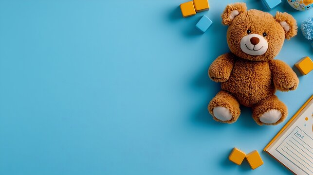 A baby boy shower scene is sweetly decorated with a teddy bear, blocks, and a notepad.