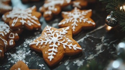 Delicious gingerbread cookies shaped like snowflakes, decorated with white icing, perfect for festive celebrations and holiday gatherings.