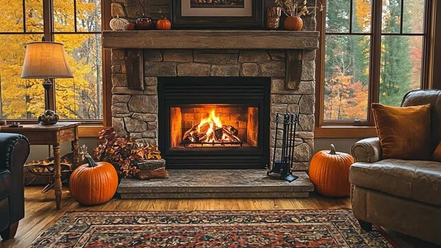 Cozy living room with a warm fireplace and autumn decorations in a rustic home setting