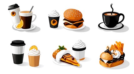 An illustration of fast food delights�coffee, burgers, cakes, and whipped cream�bursts with flavor.