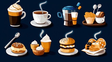 A delicious set of coffee and pastries with whipped cream sits ready for a delightful treat.