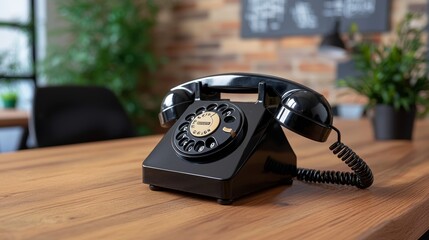 A classic black rotary telephone on a wooden table with a contemporary background, showcasing a blend of retro and modern decor.