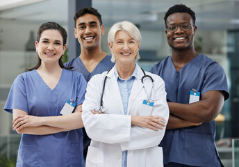 Crossed arms, happy and portrait of doctors in hospital with confidence for medical career. Pride,...