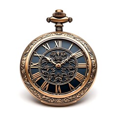 Fototapeta premium An antique gold pocket watch with Roman numerals features an ornate design, a timeless treasure.