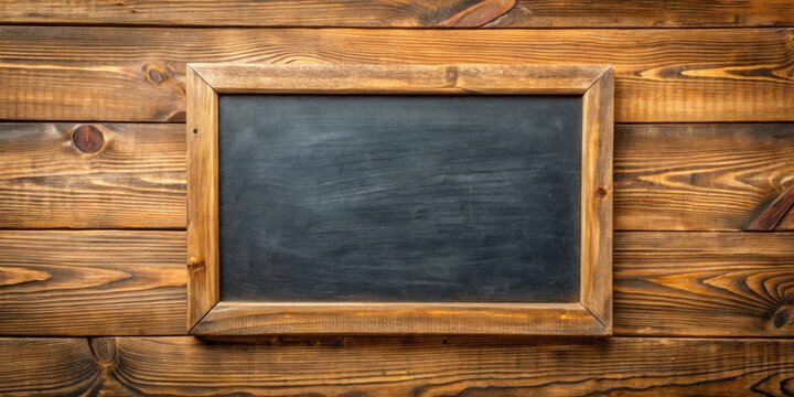 Rustic blank chalkboard sign hanging on wooden background for personalized messages and quotes