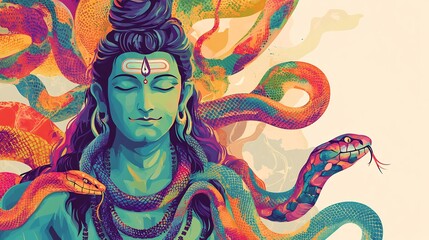 Vector of Shiva vibrant colorful snakes symbolizing Hindu beliefs in power and mysticism