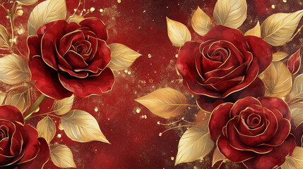 Elegant Red Roses with Golden Leaves. A luxurious floral design featuring red roses with intricate golden leaves on a rich red and gold background, perfect for elegant and romantic settings.