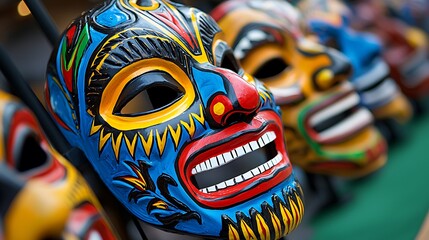 A traditional mask with bold colors and an open mouth displays striking teeth, full of cultural significance.