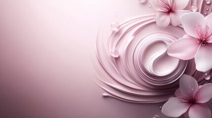 Delicate pink flowers surround a smooth cream jar, set against a soft gradient backdrop, This serene image is ideal for beauty products, skincare promotions, and aesthetic-focused presentations,