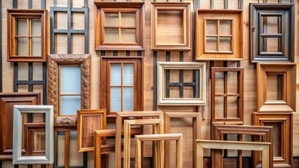 Collection of Brown Wooden Window Frames of Various Types Mounted in Wall Background