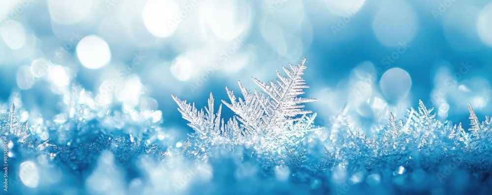 Poster beautiful close-up of delicate snowflakes on a frosty surface, showcasing intricate patterns in a se