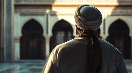 Man in Traditional Attire Standing in Front of an Islamic Archway