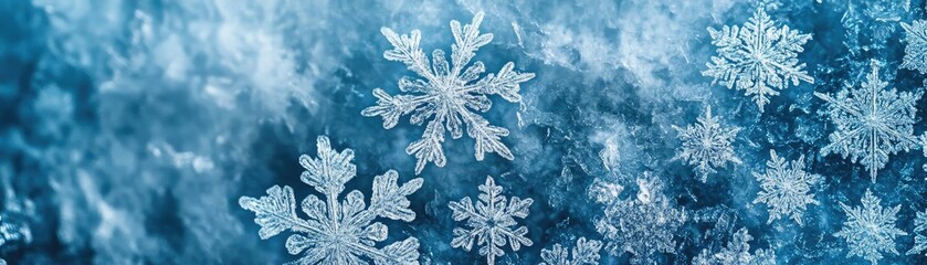 Intricate snowflakes dance across a serene blue background, symbolizing the beauty and uniqueness of winter's chill.