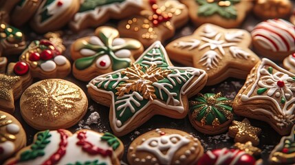 A close-up view of beautifully decorated Christmas cookies, featuring intricate designs and vibrant colors, perfect for festive occasions.