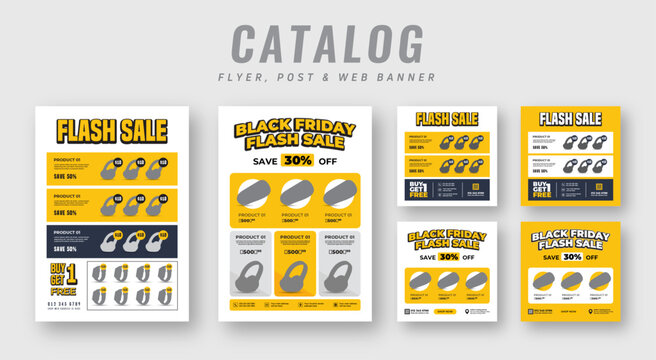Supermarket product sale catalog flyer bundle with social media post | Black Friday web banner ads | Poster set for promotion | Cyber Monday square banner & catalog flyer