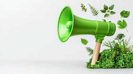 A green megaphone surrounded by lush foliage symbolizes eco-friendly awareness and the promotion of sustainability.