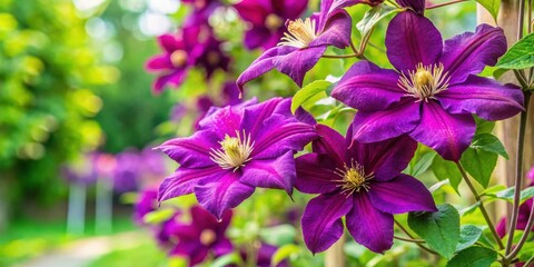 Vibrant Clematis Niobe Garden Climber Plant with Purple Mauve Flowers Support Structure Summer Blooms Nature Floral Background